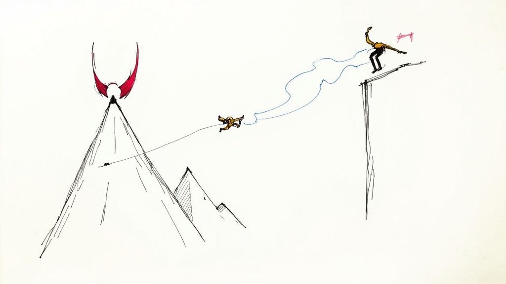 Ski jumper launching from mountain peak performing aerial stunt over snowy slopes