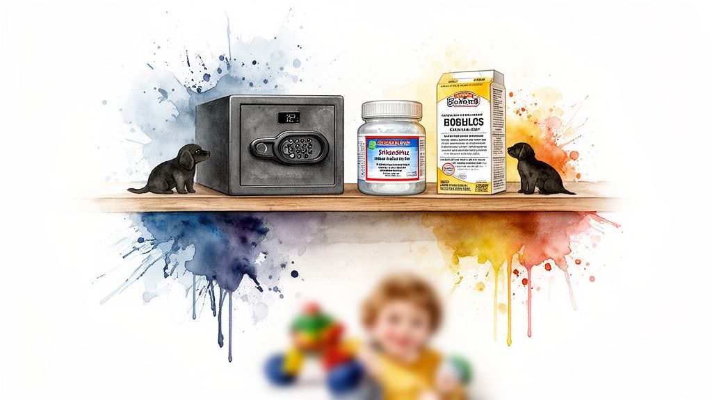 A safe, medication bottle, and food box on a shelf, guarded by puppies, with a blurred child below.