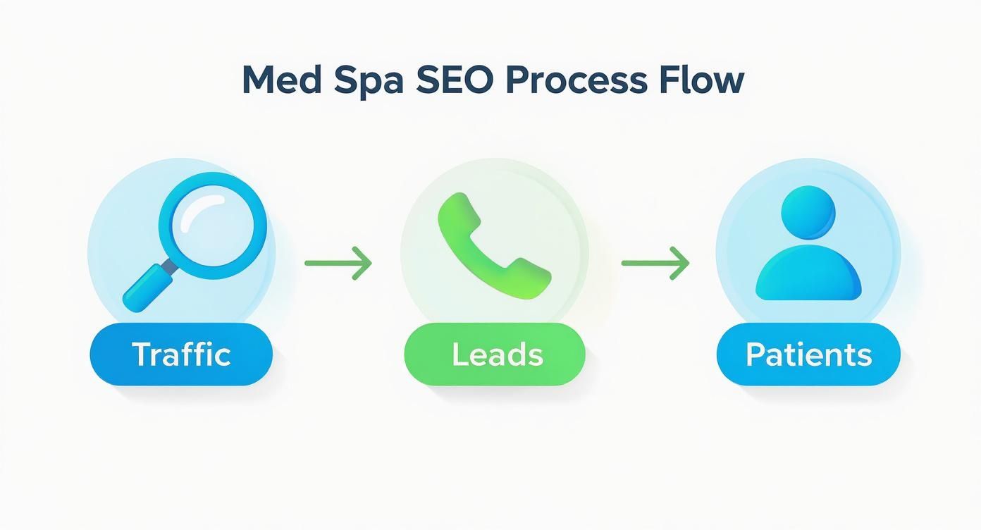 A Med Spa SEO process flow from website traffic to leads and ultimately to patients.