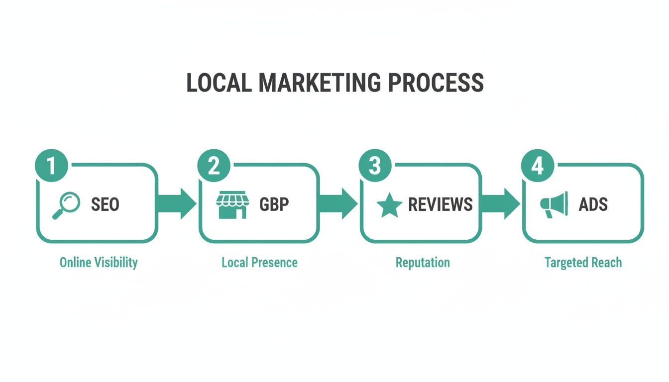 A flowchart showing the four steps of a local marketing process: SEO, GBP, Reviews, and Ads.