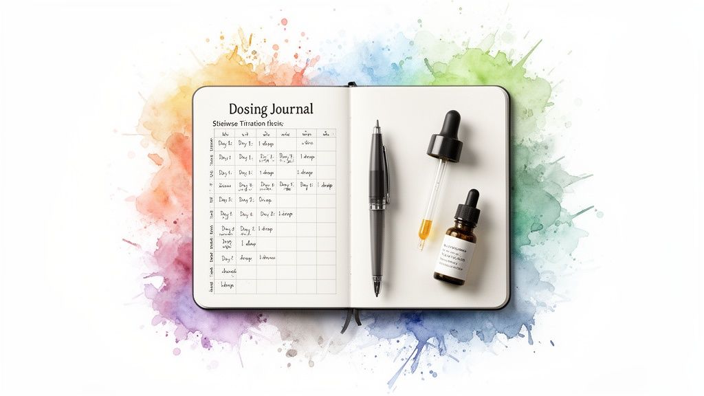An open dosing journal with a titration chart, pen, and dropper bottles on a colorful watercolor background.