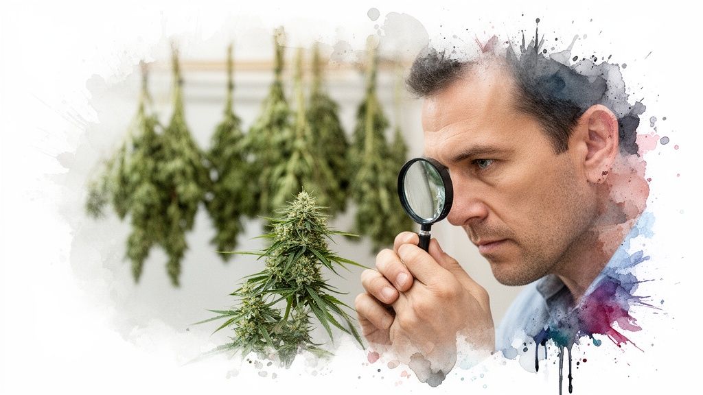 A man meticulously examines a cannabis plant with a magnifying glass, with more drying cannabis in the background.