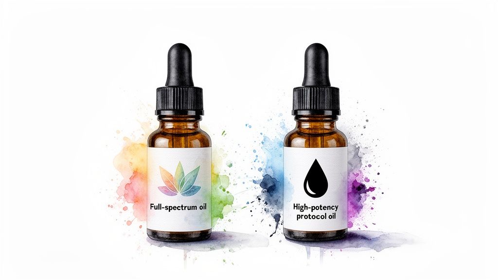 Two amber dropper bottles: full-spectrum oil with colorful leaves, high-potency oil with a black drop.