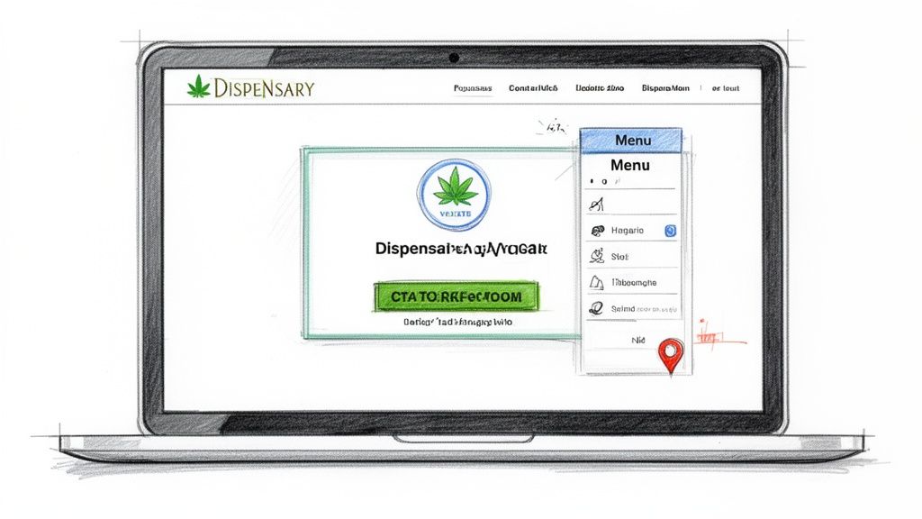 A hand-drawn sketch of a laptop displaying a website design for a cannabis dispensary with menu.