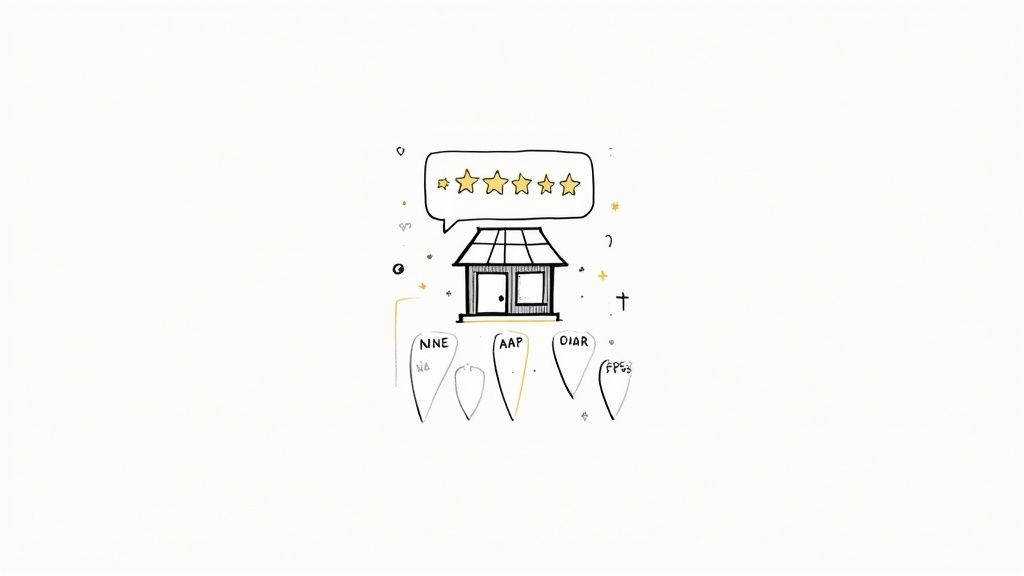 Hand-drawn illustration of a small shop with a five-star rating bubble above it and labeled speech bubbles below.
