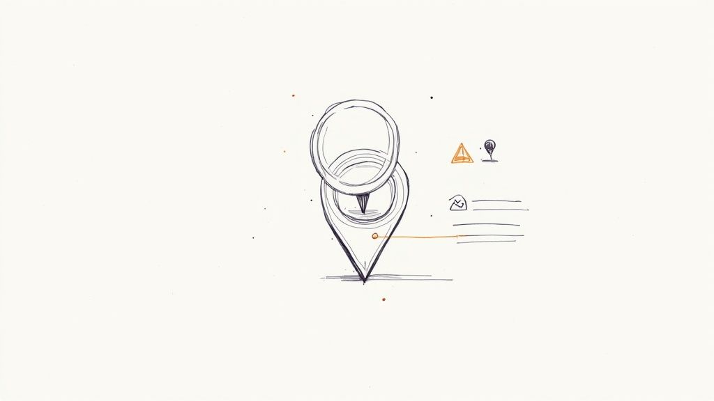 Hand-drawn sketch of a detailed map location pin with a compass-like top and small related icons.