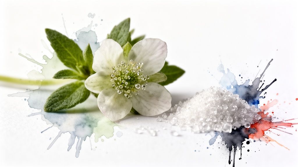 Close-up of a white flower with green leaves and dew drops beside white crystals with colorful watercolor splashes.