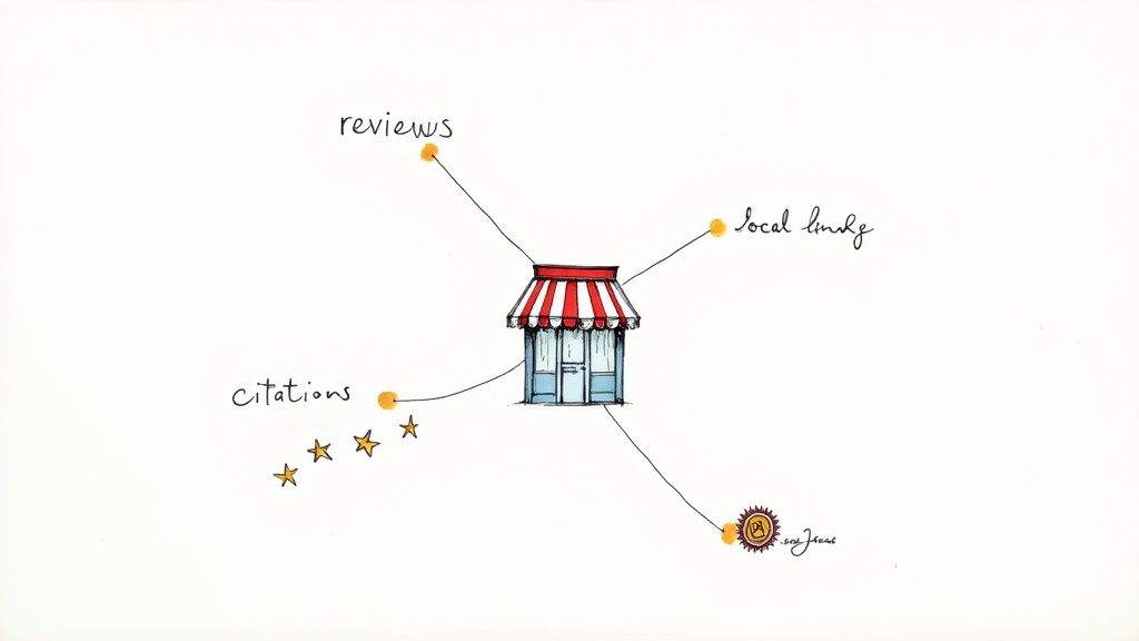 An illustration showing a small business connected to local SEO factors like reviews, citations, and local links.