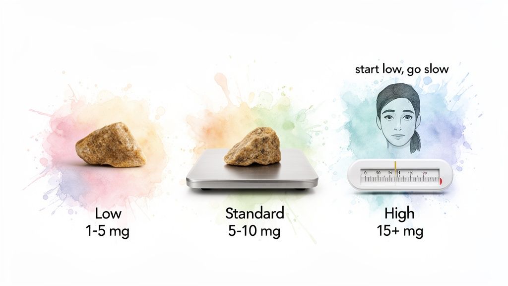 Illustration showing low, standard, and high cannabis edible dosages with corresponding milligrams and visual representations.