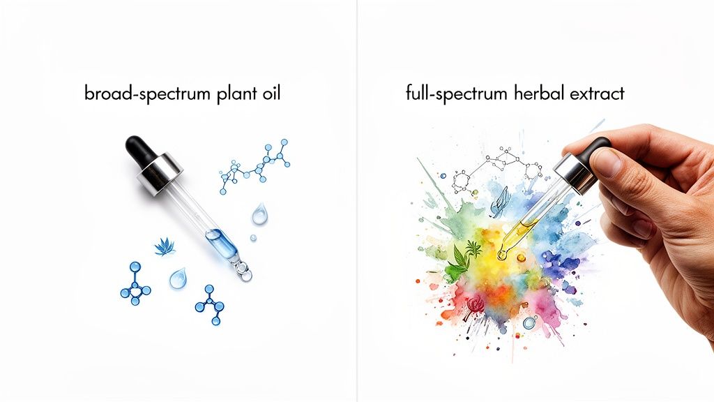 Droppers illustrate broad-spectrum plant oil (blue, isolated molecules) vs. full-spectrum herbal extract (yellow, diverse plant compounds).