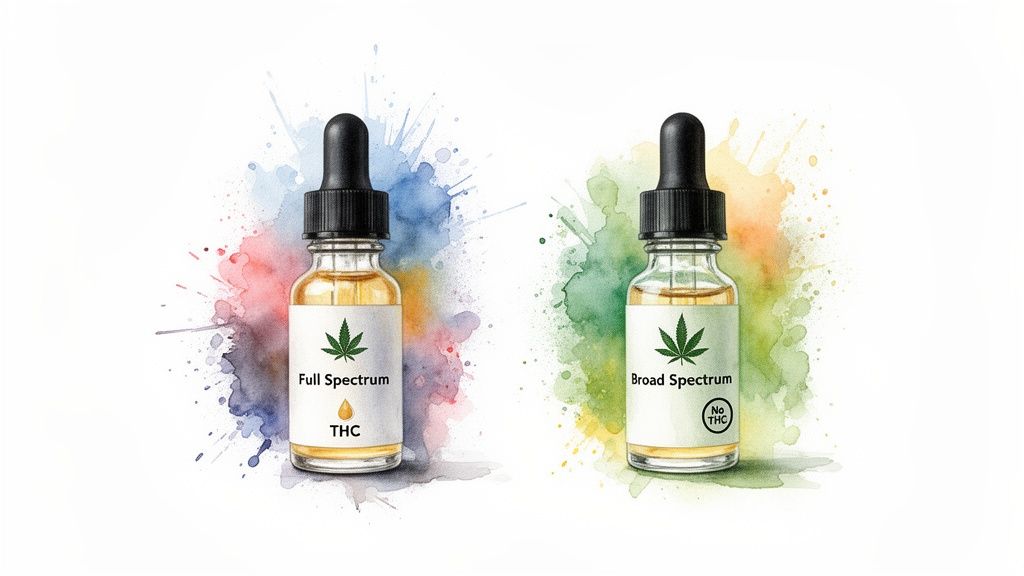 Two dropper bottles showcasing Full Spectrum CBD oil with THC and Broad Spectrum CBD oil without THC.