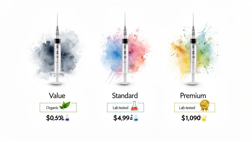 Three syringes represent Value, Standard, and Premium product tiers with features and prices.