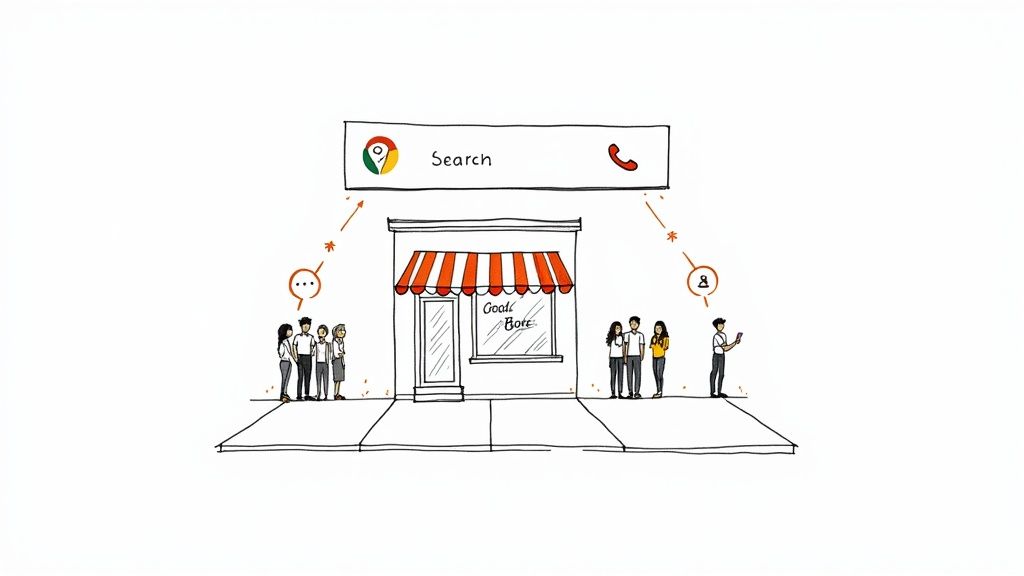Hand-drawn illustration of a local business with customers, connected to a Google Search interface.