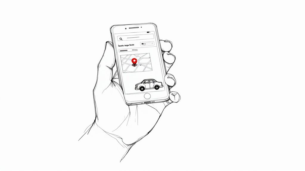 Hand holding a smartphone displaying a map with a red location pin and a car, illustrating a ride-sharing app.