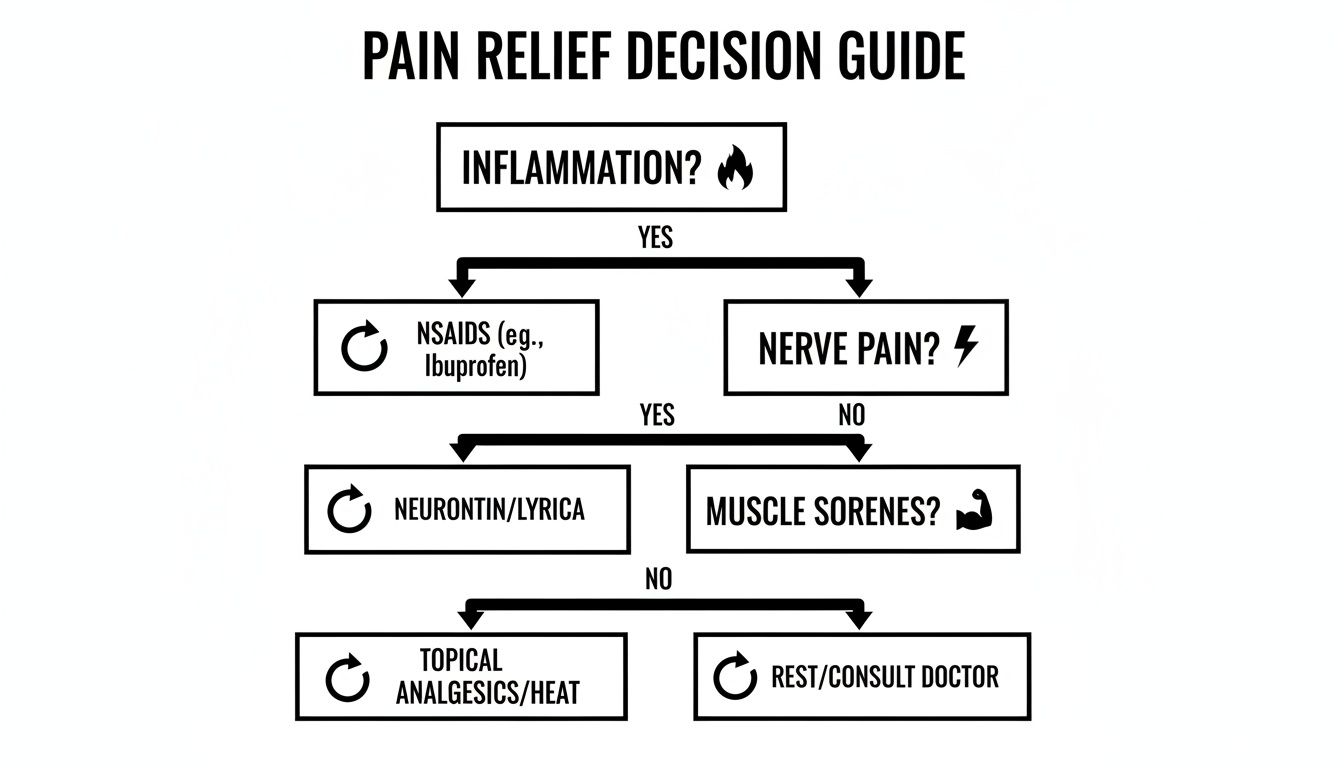 A flowchart titled 'Pain Relief Decision Guide' offering treatment paths based on pain type.
