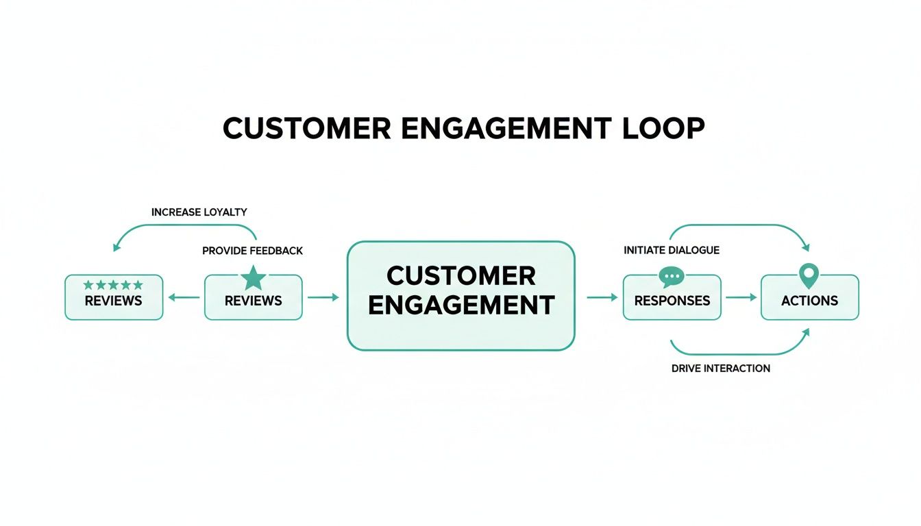 A comprehensive customer engagement loop diagram detailing reviews, feedback, responses, actions, and loyalty.