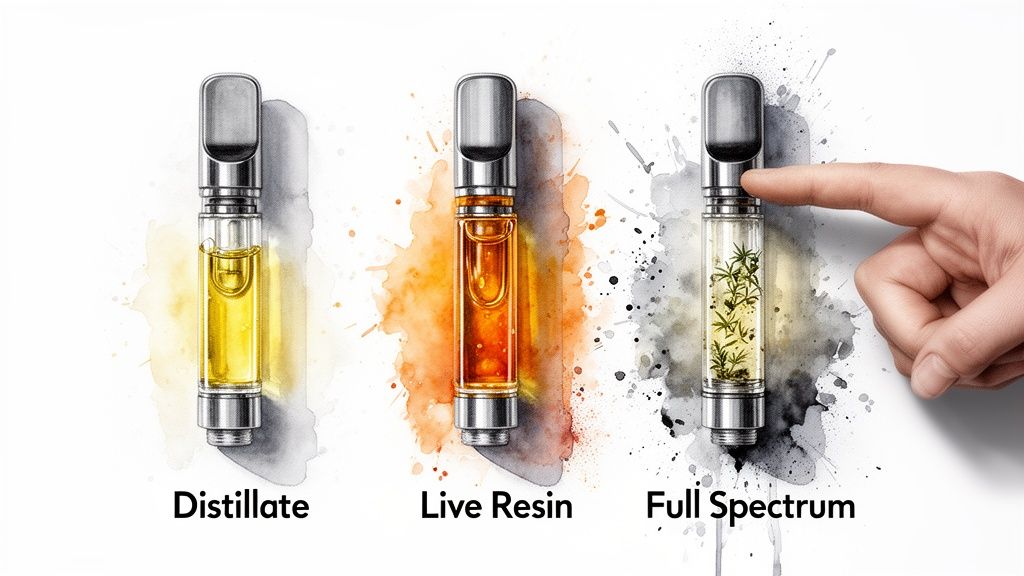 Three cannabis vape cartridges: Distillate, Live Resin, and Full Spectrum, showcasing different contents.