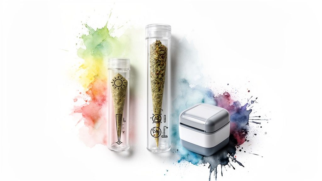 Two clear tubes containing cannabis material with measurement markings and symbols, next to a grinder, on a colorful watercolor background.