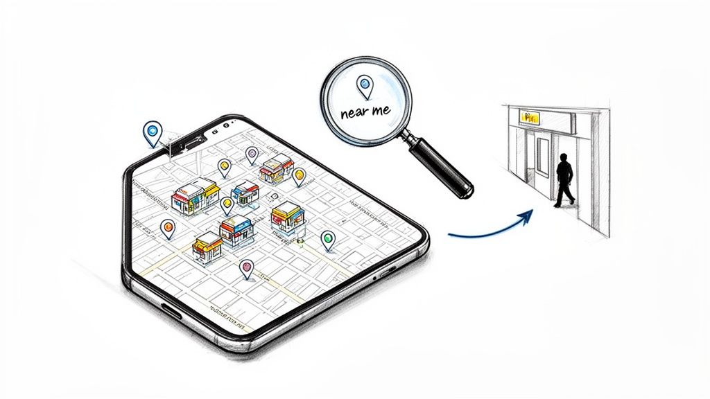 Smartphone map shows local businesses with location pins, a 'near me' search, guiding a person to a store.