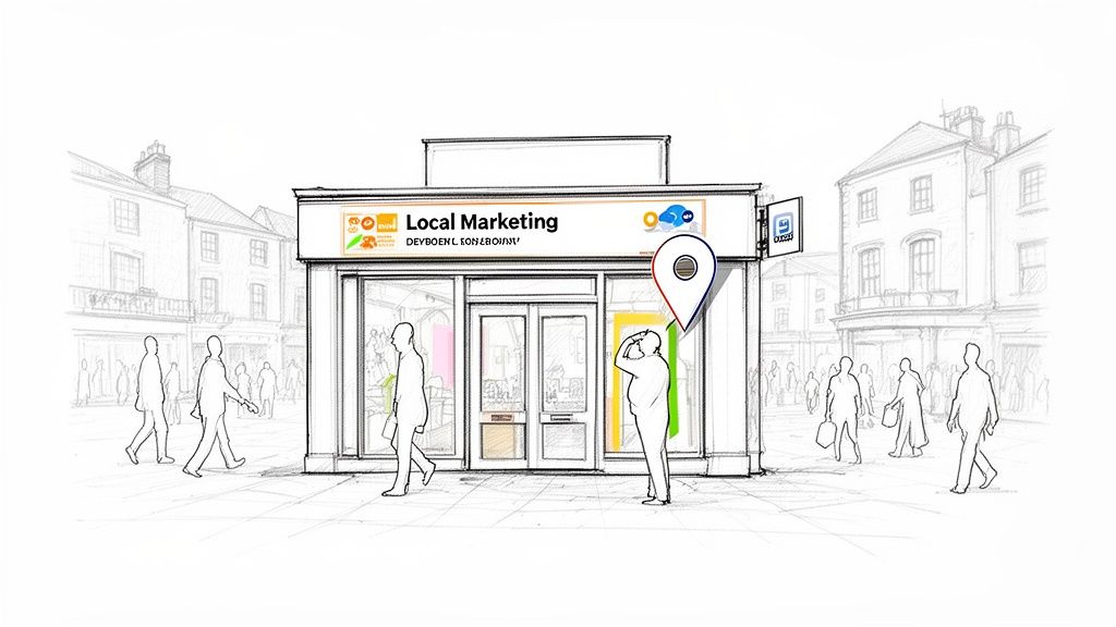 Sketch of a busy street with a local marketing storefront, pedestrians, and a large location pin.