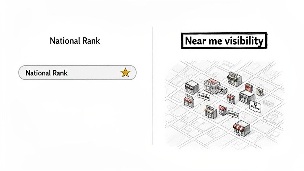Illustration contrasting national search rank with poor near me visibility for local businesses on a map.