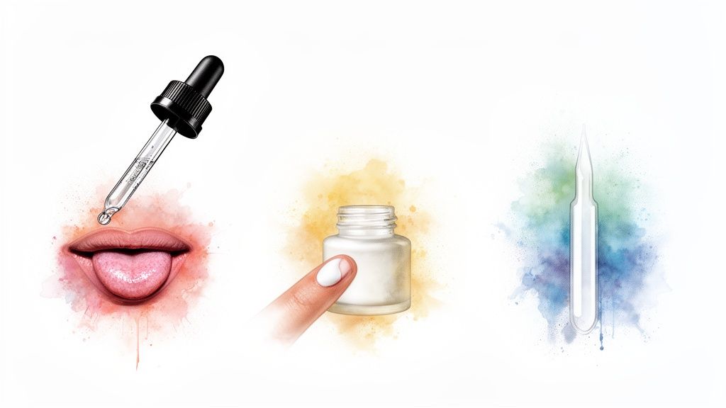 Illustrations depicting a liquid dropper over a mouth, a finger touching a cream jar, and a glass ampoule.