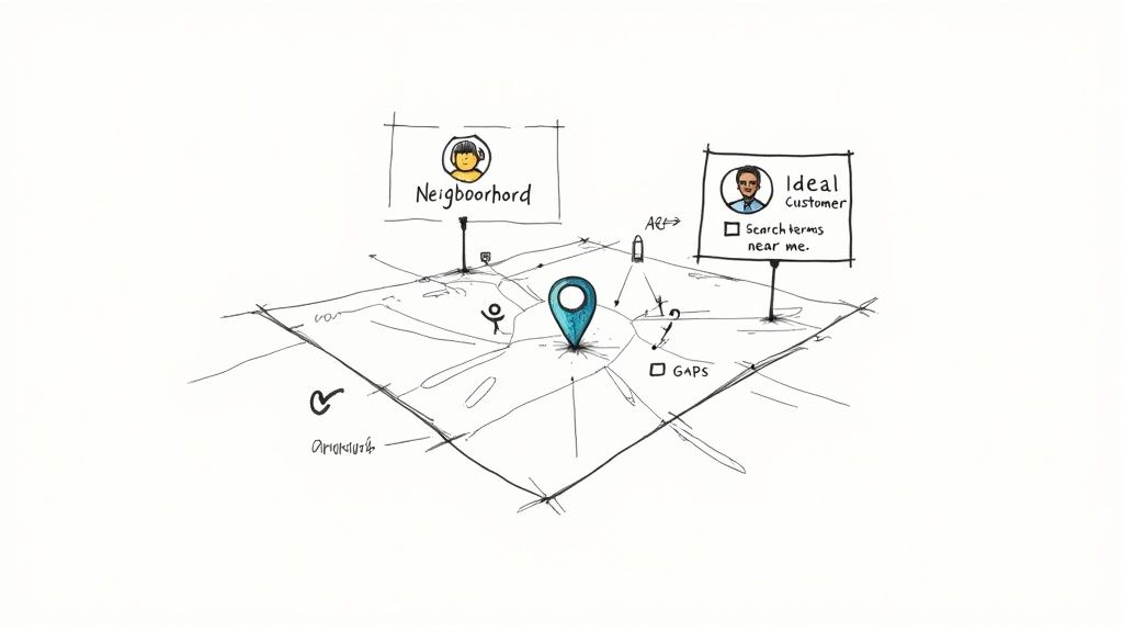 Sketch of a map with a location pin, linking neighborhood needs to ideal customer searches and business opportunities.