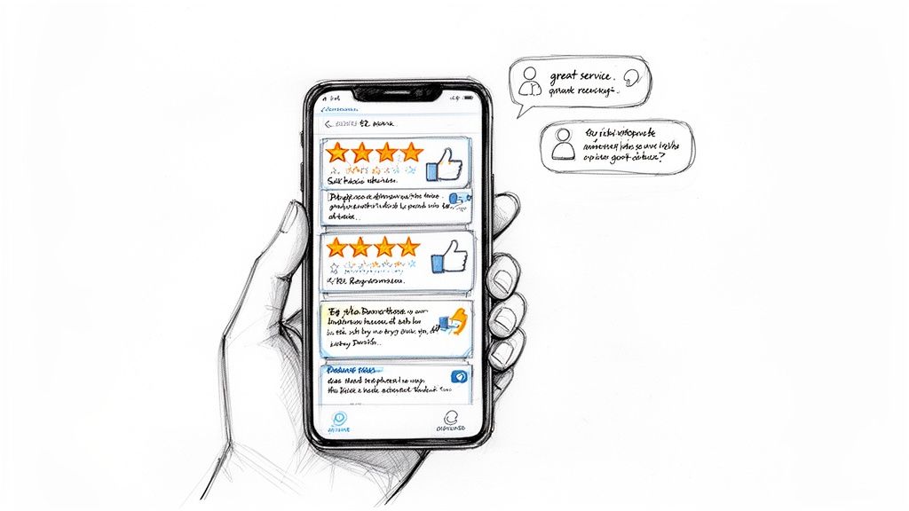 Sketch of a hand holding a phone with customer reviews, ratings, and feedback speech bubbles.