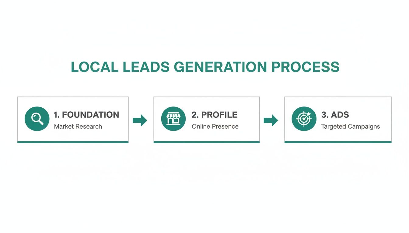 Diagram illustrating a three-step local leads generation process: Foundation, Profile, and Ads.