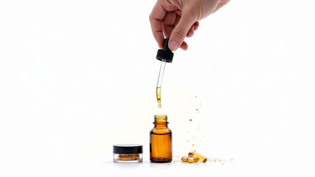 A hand drips golden full extract cannabis oil into a bottle, with capsules and a concentrate jar.