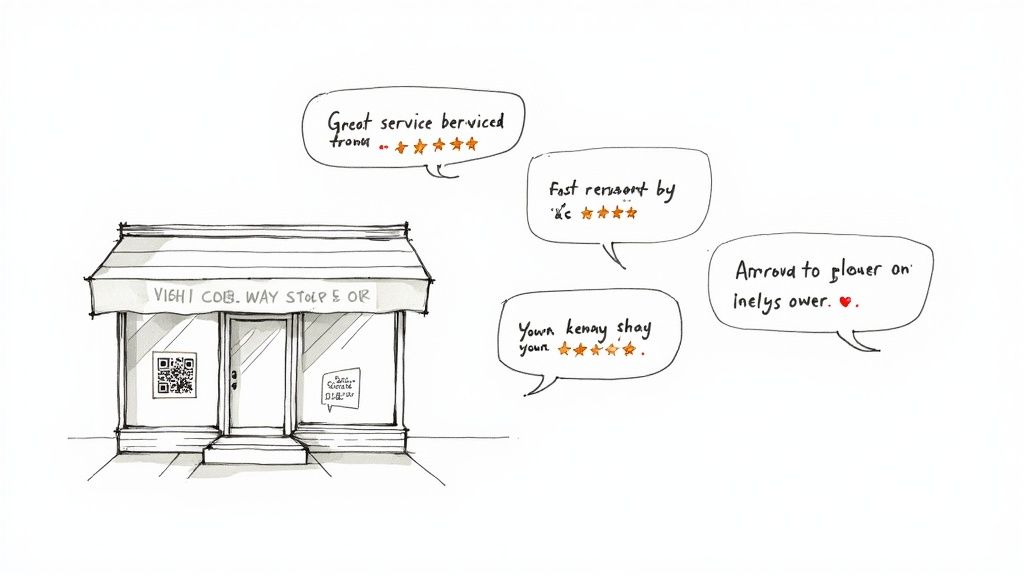 Local business storefront with customer review speech bubbles showing star ratings and positive feedback