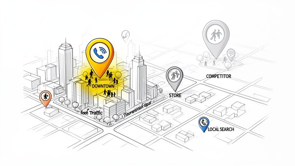 An urban map illustrating downtown business calls, foot traffic, store, competitor, and local search points.