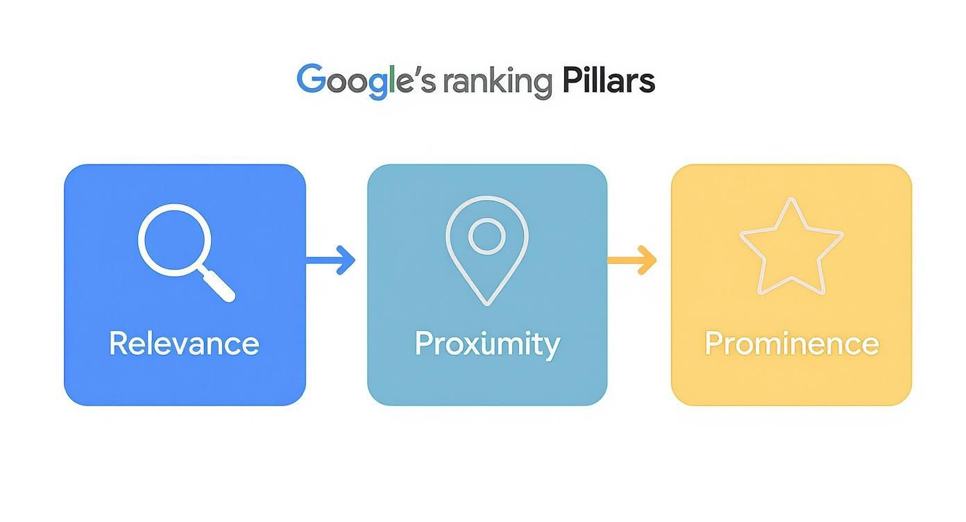 Google's local ranking pillars: Relevance (magnifying glass), Proximity (location pin), and Prominence (star).