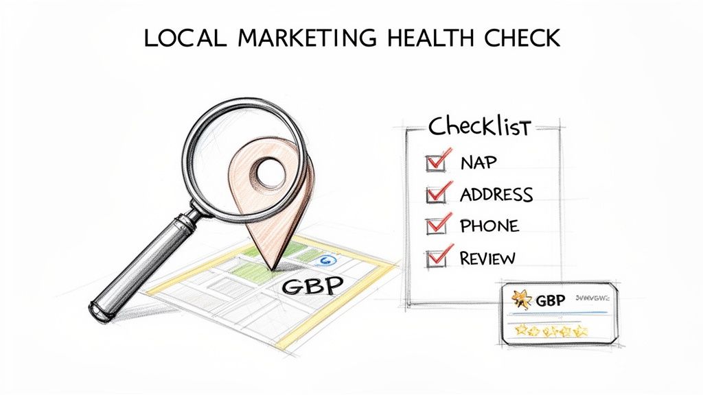 Local marketing health check for businesses, covering NAP, address, phone, and online reviews using a checklist.