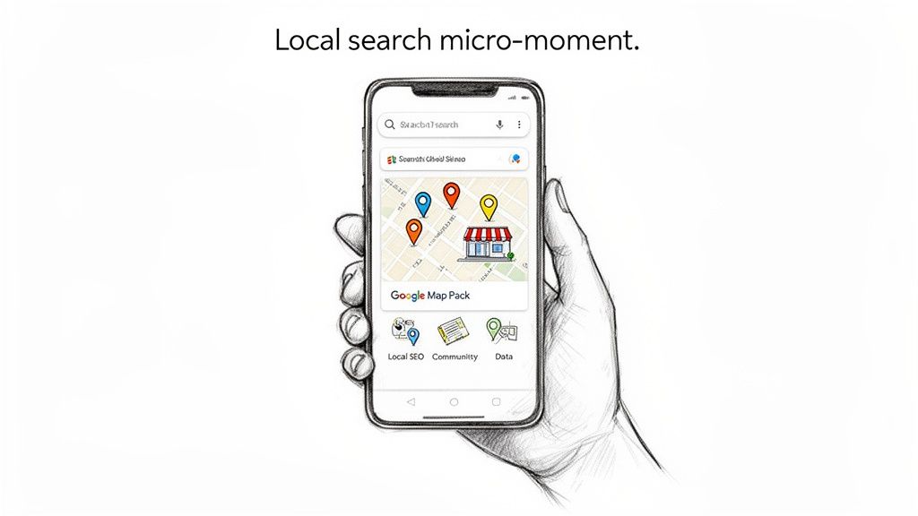 A sketch of a hand holding a smartphone showing a local search map with a 'Google Map Pack' and SEO concepts.