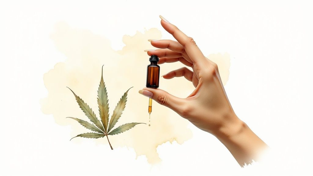 A hand holds a cannabis oil dropper bottle with liquid dripping, next to a marijuana leaf on a light background.