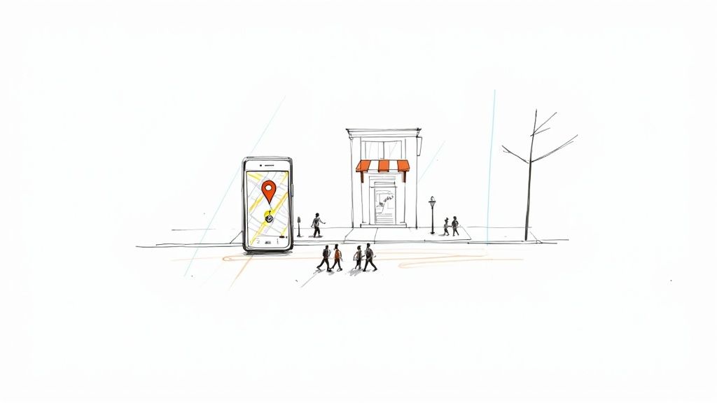 Digital illustration showing a smartphone map guiding people towards a local store on a city street.