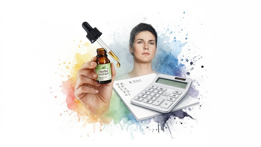 A person holds a herbal extract dropper bottle with a calculator and notes, set against watercolor splashes.