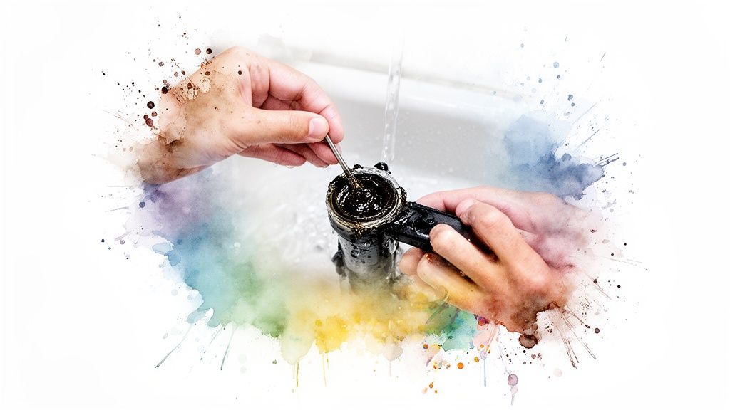Hands carefully cleaning a dirty pipe, filled with dark residue, under running water in a sink.