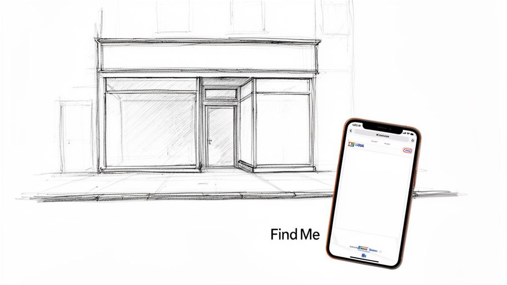 Smartphone displaying a 'Find Me' app next to a sketch of a local storefront.