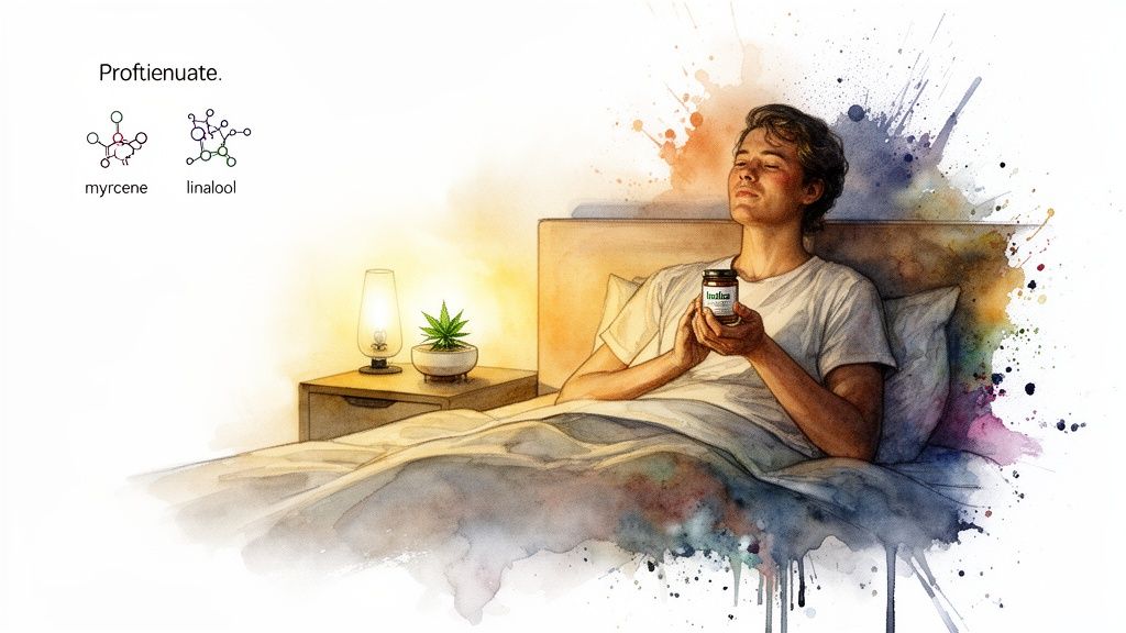 Watercolor illustration of person in bed with 'Indica' jar, myrcene and linalool, suggesting relaxation for sleep.