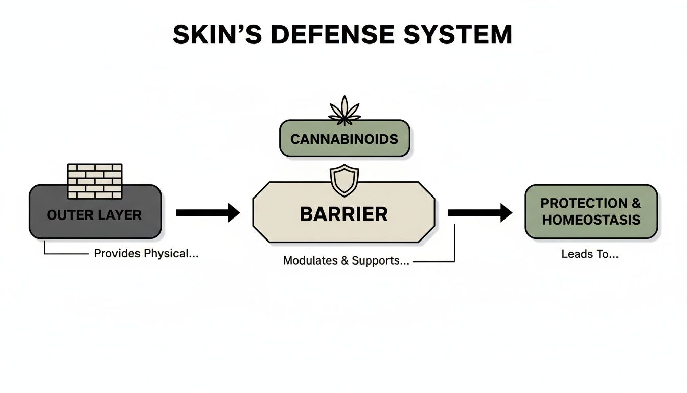 Flowchart illustrating the skin's defense system, showing outer layer leading to barrier, modulated by cannabinoids for protection and homeostasis.
