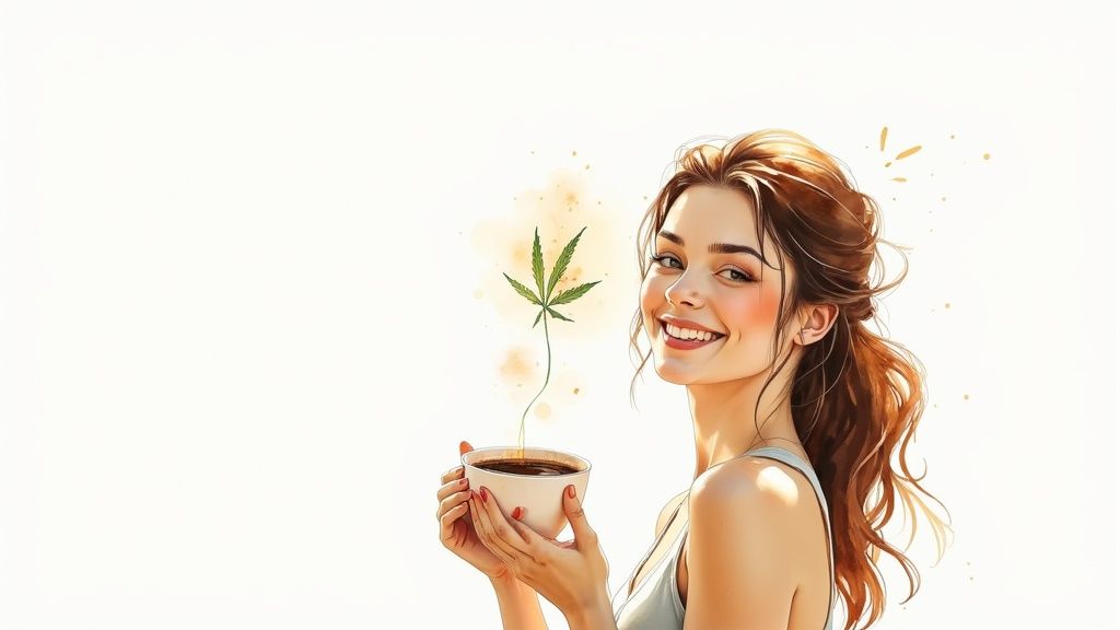 A smiling woman holds a white cup with a cannabis leaf growing out, on a white background.