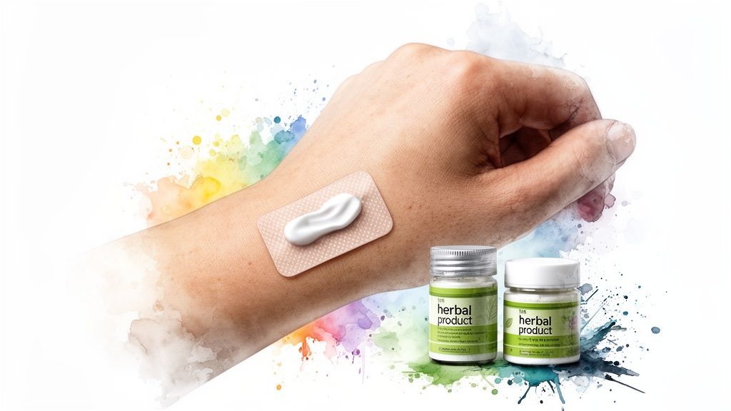 A human arm with a topical patch and cream, alongside two jars of herbal products.