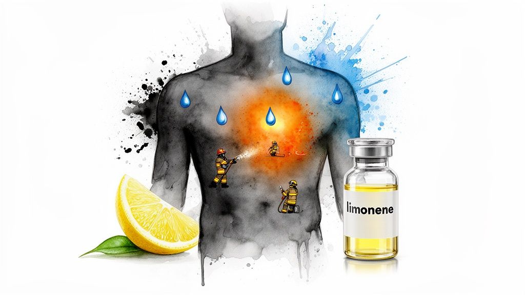 Illustration of limonene's anti-inflammatory effects on a human torso, with firefighters reducing internal inflammation.