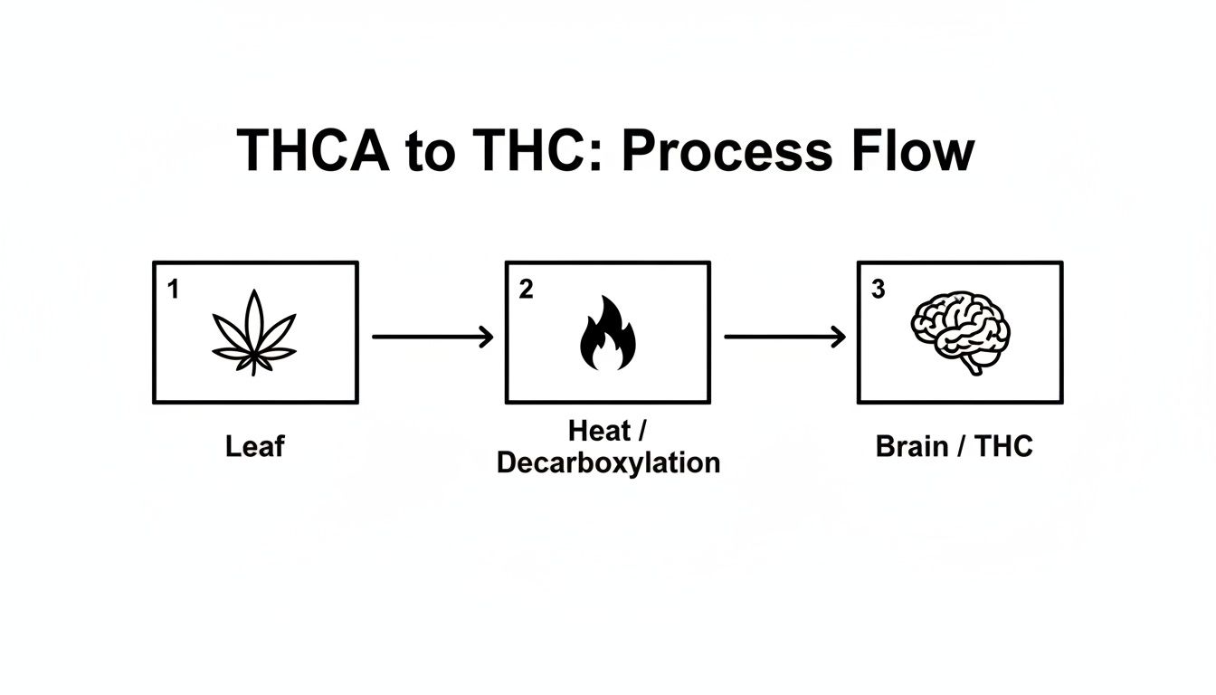 Diagram showing THCA from a cannabis leaf converted to THC by heat/decarboxylation, affecting the brain.