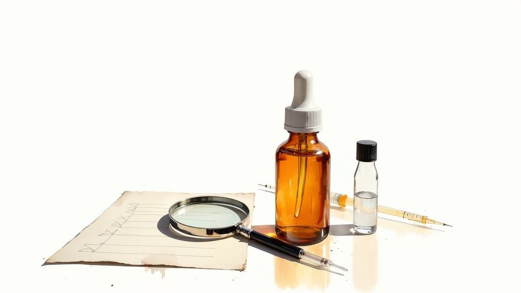 Various medical and investigative tools, including bottles, syringes, a magnifying glass, and paper.