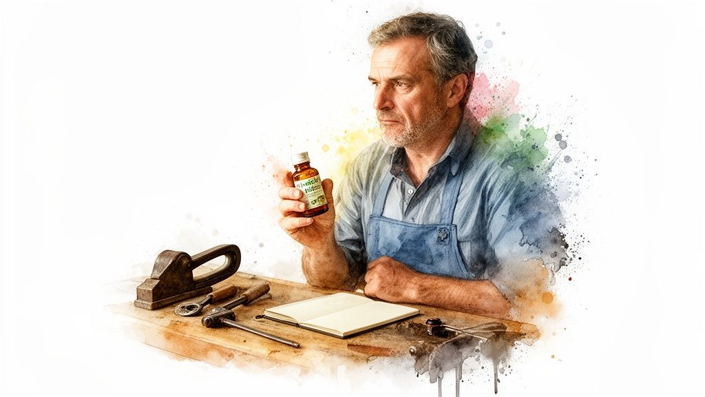 Watercolor-style image of a man examining a small bottle at a wooden workbench.