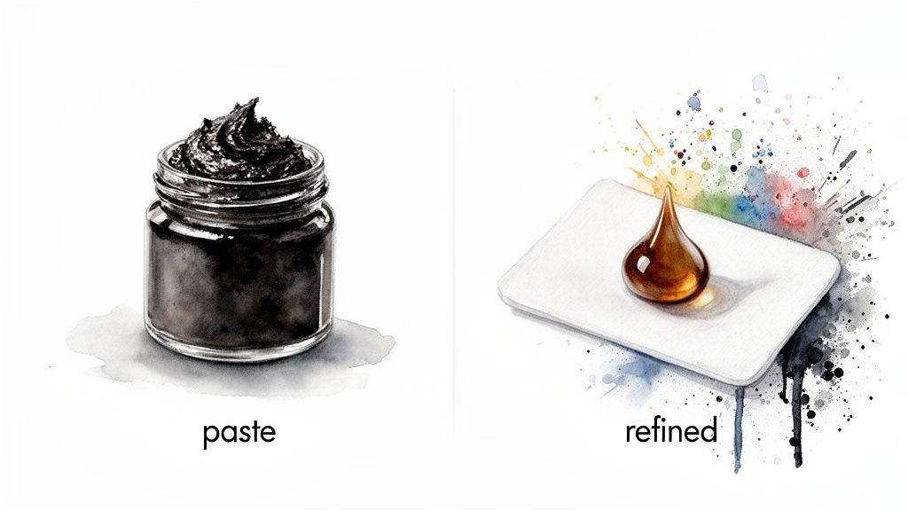 A side-by-side comparison of a dark paste in a jar and a refined amber drop.