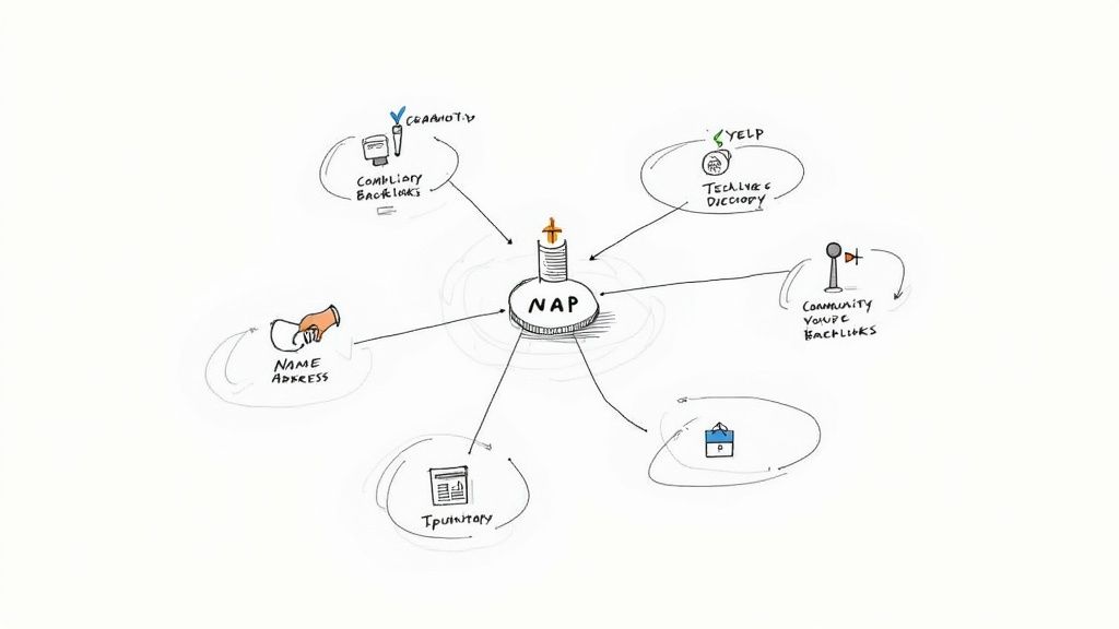 A mind map with NAP (Name, Address, Phone) as the central concept, linked to local SEO factors.